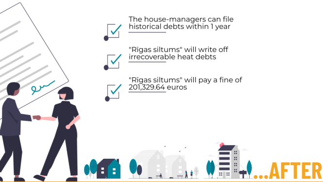 Vīrietis ar sievieti paspiež rokas, fonā redzams noslēgtais izlīgums